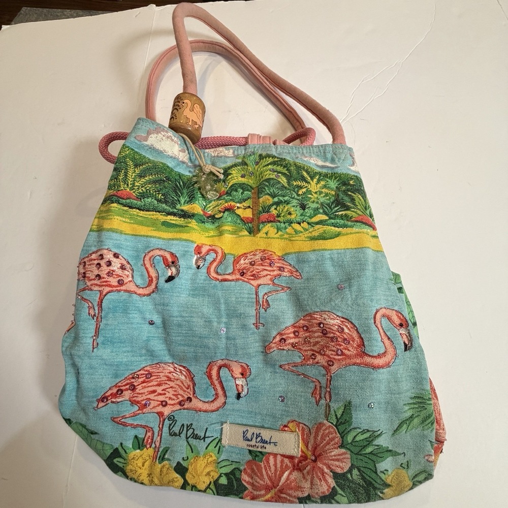Paul Brent Coastal Life Sun N Sand Flamingos Canvas Bag Tote Beach
